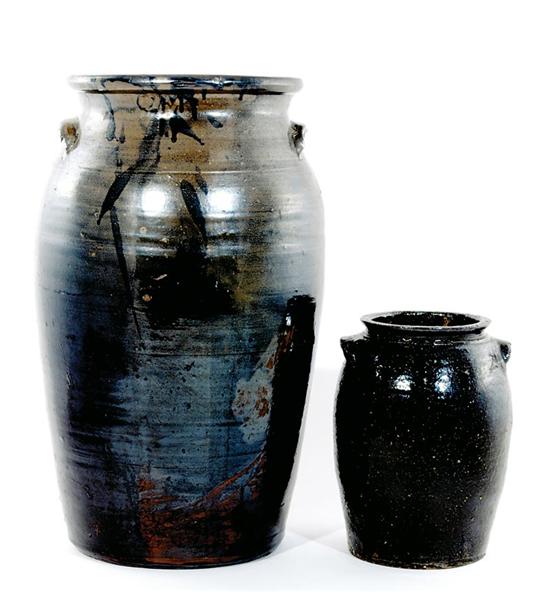 Appraisal: South Carolina stoneware jars circa Albany slip-glazed ten-gallon churn having