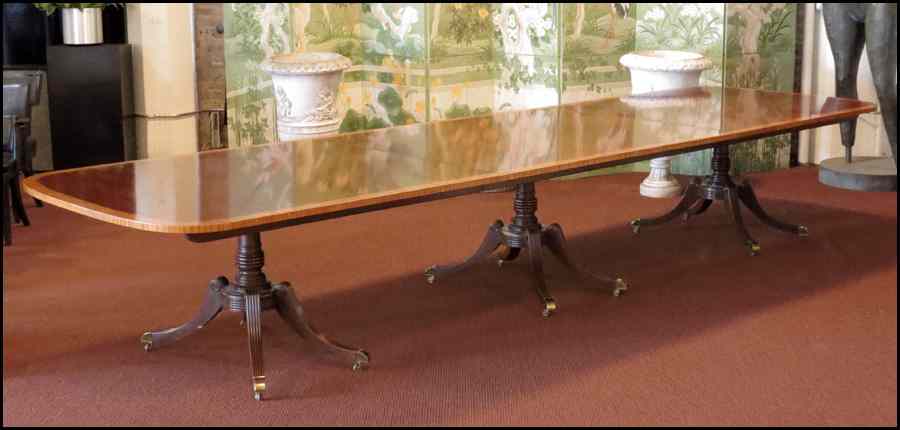 Appraisal: BAKER COLLECTOR'S EDITION BANDED MAHOGANY TRIPLE PEDESTAL DINING TABLE H