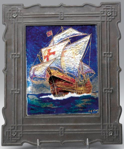 Appraisal: ENGLISH ENAMEL ON COPPER Plaque decorated with a Spanish galleon