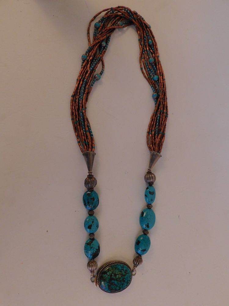 Appraisal: NAVAJO SILVER TURQUOISE NECKLACE Old Navajo multi-strand sterling silver turquoise