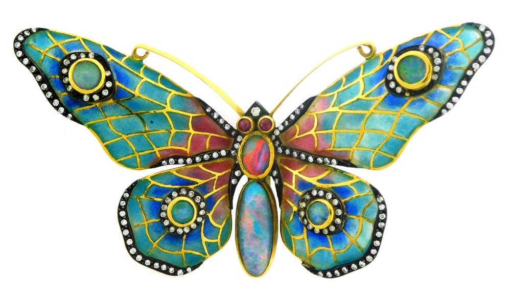 Appraisal: JEWELRY K Enameled Opal and Diamond butterfly brooch stamped and