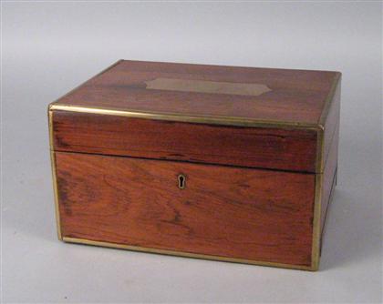 Appraisal: English rosewood brass bound work box The rectangular top fitted