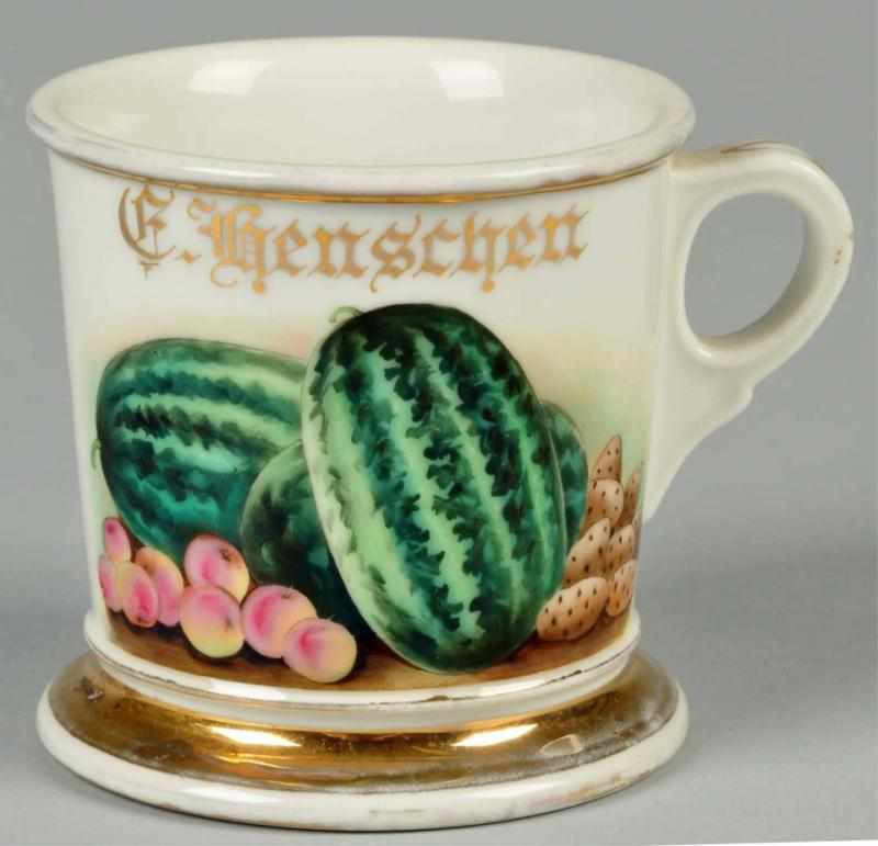 Appraisal: Watermelon Potatoes Peaches Shaving Mug Description Gilt name C Henschen