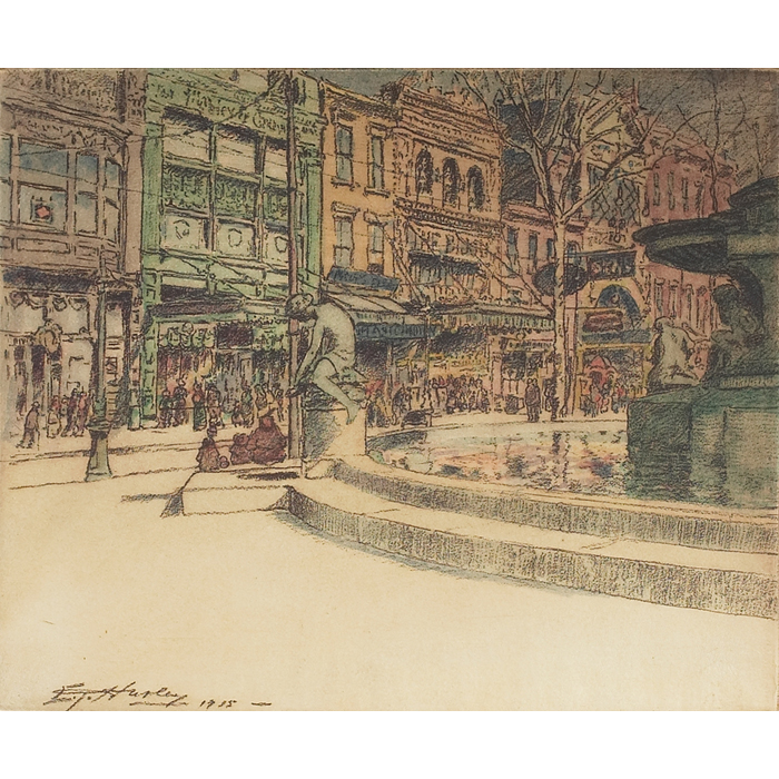 Appraisal: E T Hurley color etching ''Fountain Square Cincinnati '' signed