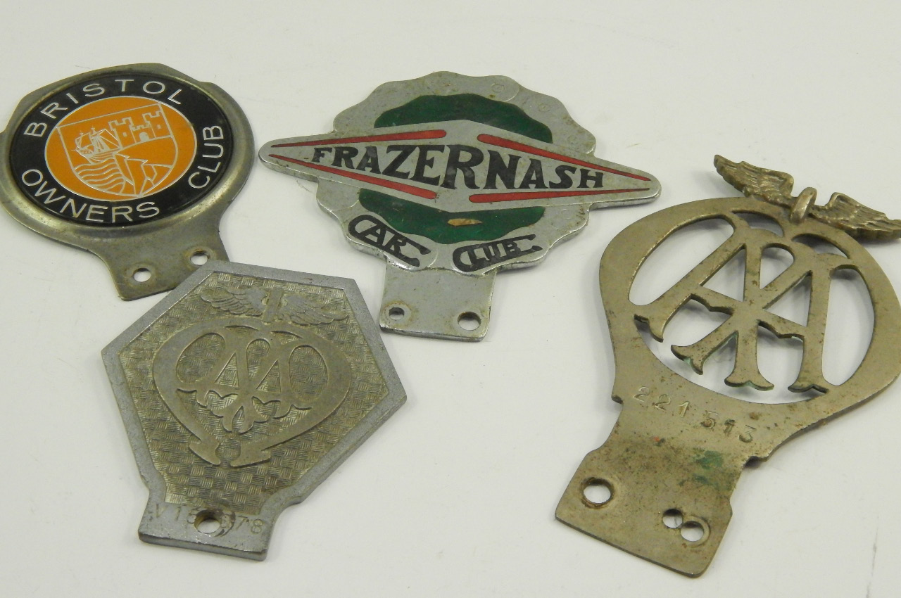 Appraisal: Four car bar badges being Bristol Owners Club Fraser Nash