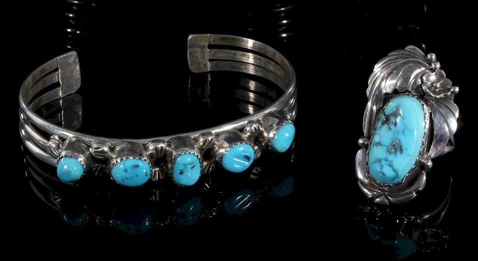 Appraisal: Navajo Turquoise Sterling Silver Bracelet and Ring In this lot