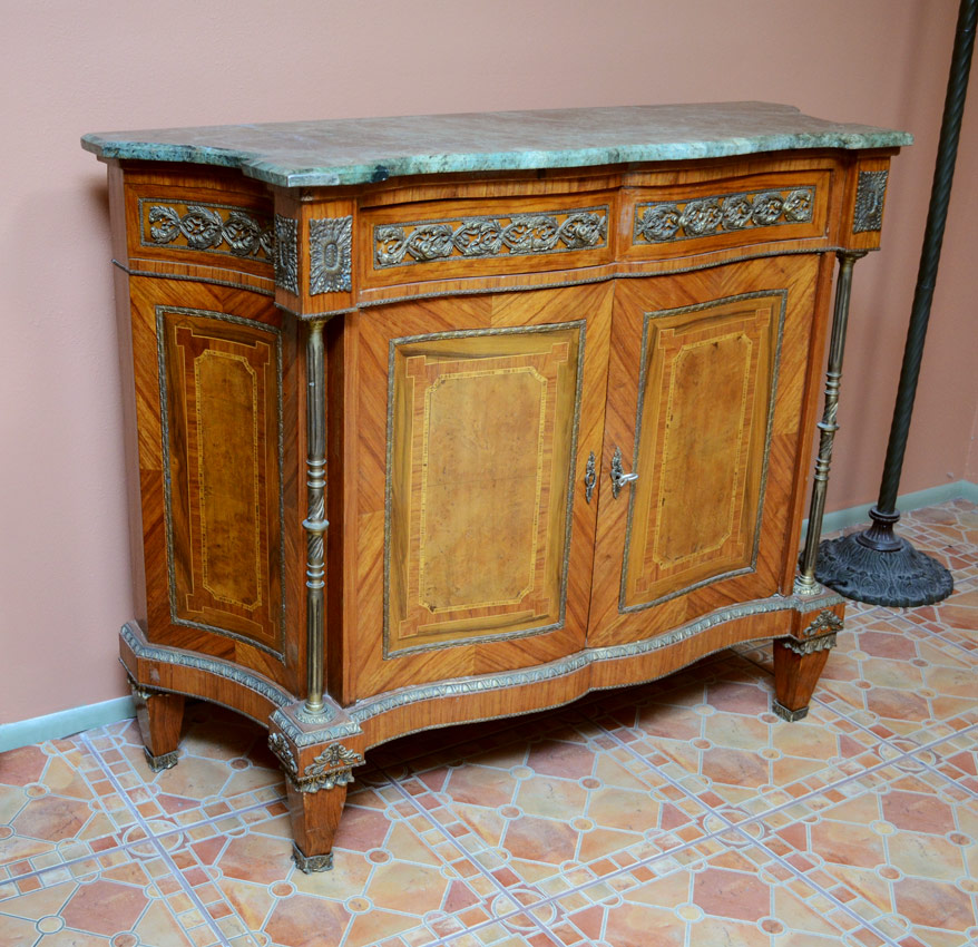 Appraisal: FRENCH MARBLE TOP SIDE CABINET Shaped green variegated marble top