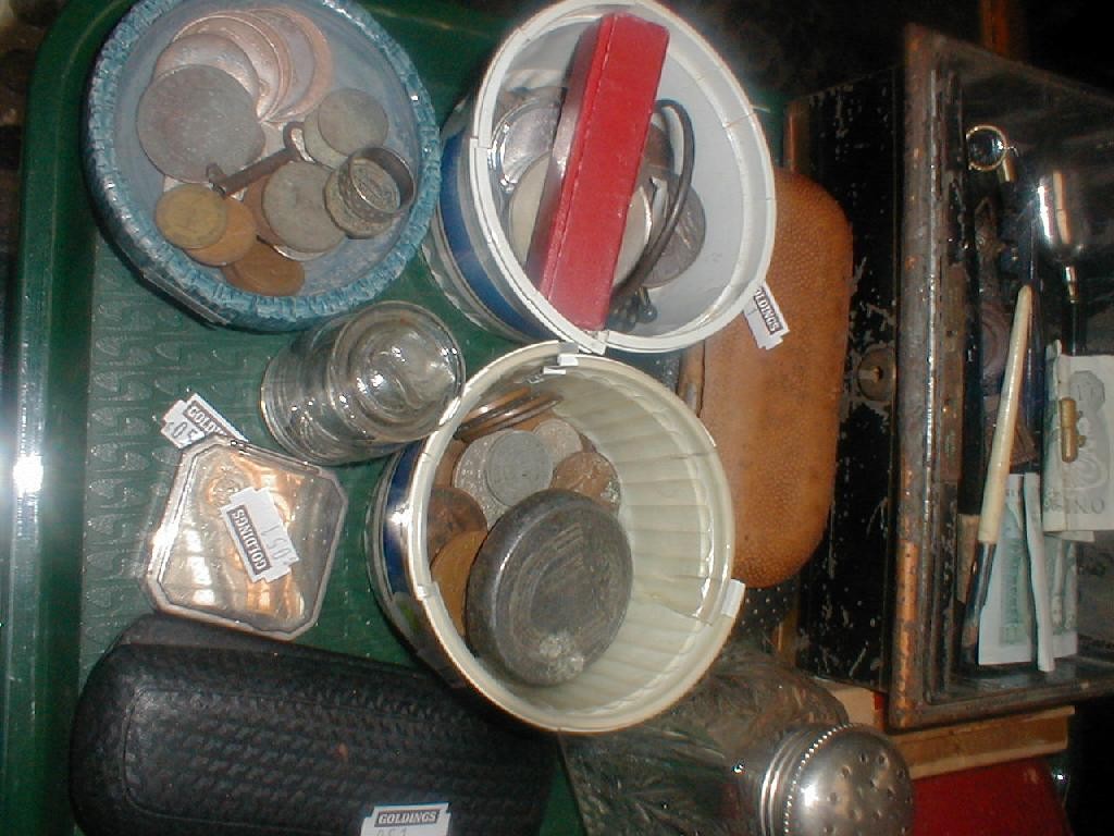 Appraisal: A quantity of coins trinket items spectacles cash box and