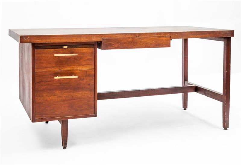 Appraisal: SINGLE PEDESTAL DESK Walnut veneer and brass x x in