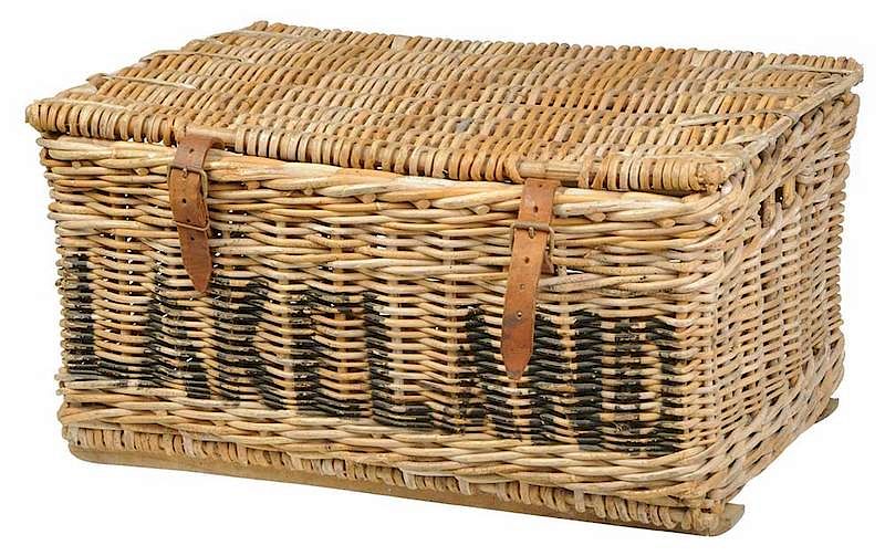 Appraisal: English Wicker Hamper Chest th century hinged lid with leather