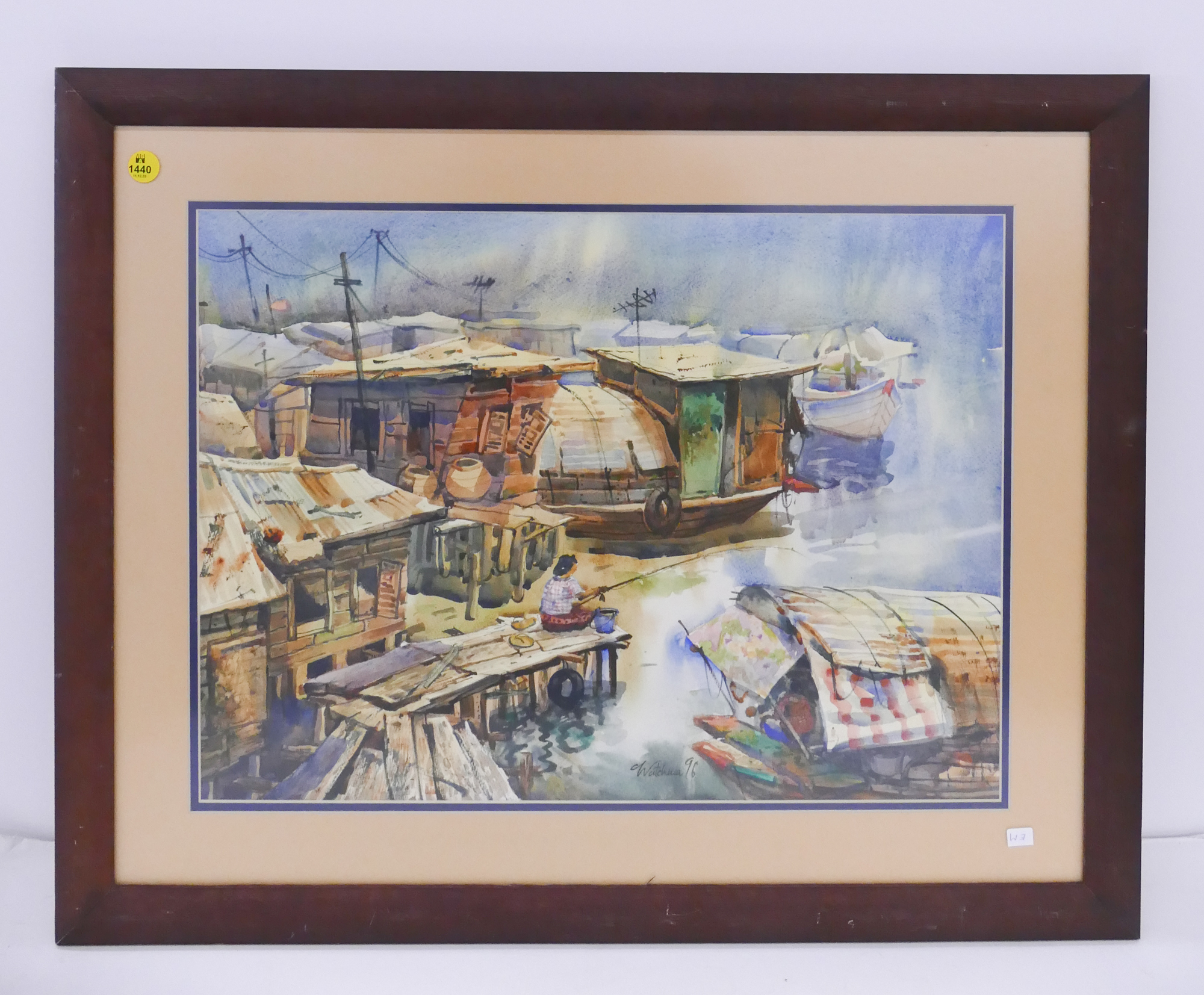 Appraisal: Watchaia Asian Dock Fishing Scene Watercolor Framed- x ''