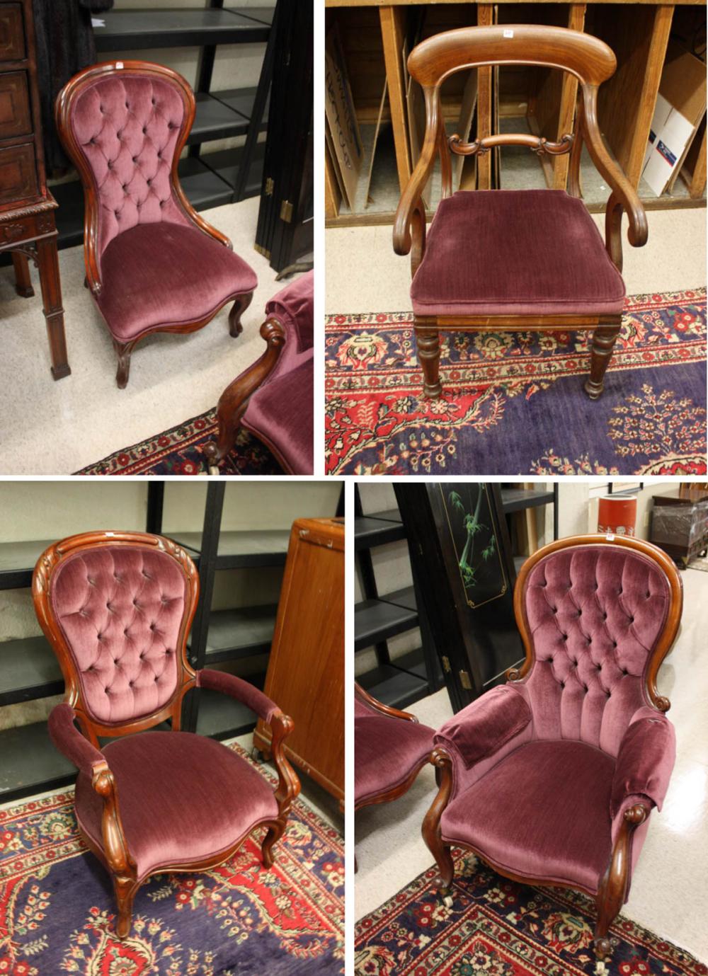 Appraisal: FOUR VICTORIAN AND VICTORIAN-STYLE MAHOGANY CHAIRS with matching purple upholstery