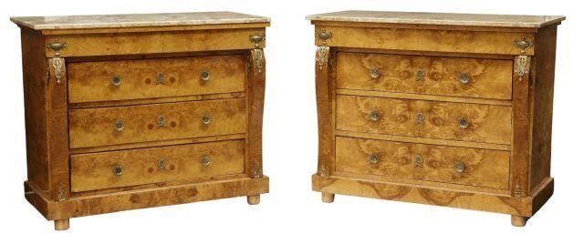 Appraisal: pair Empire style marble-top elm commodes th c projecting frieze