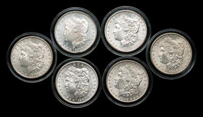 Appraisal: Six BU Morgan silver dollars -MS- or better obverse proof-like