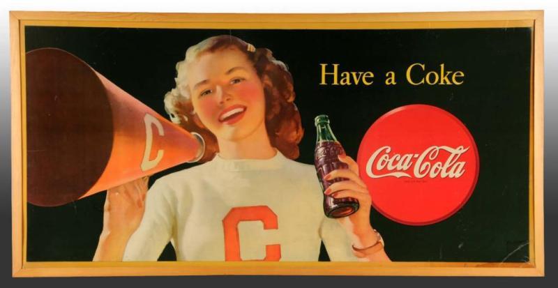 Appraisal: Cardboard Coca-Cola Horizontal Cheerleader Poster Description Modern wooden frame and