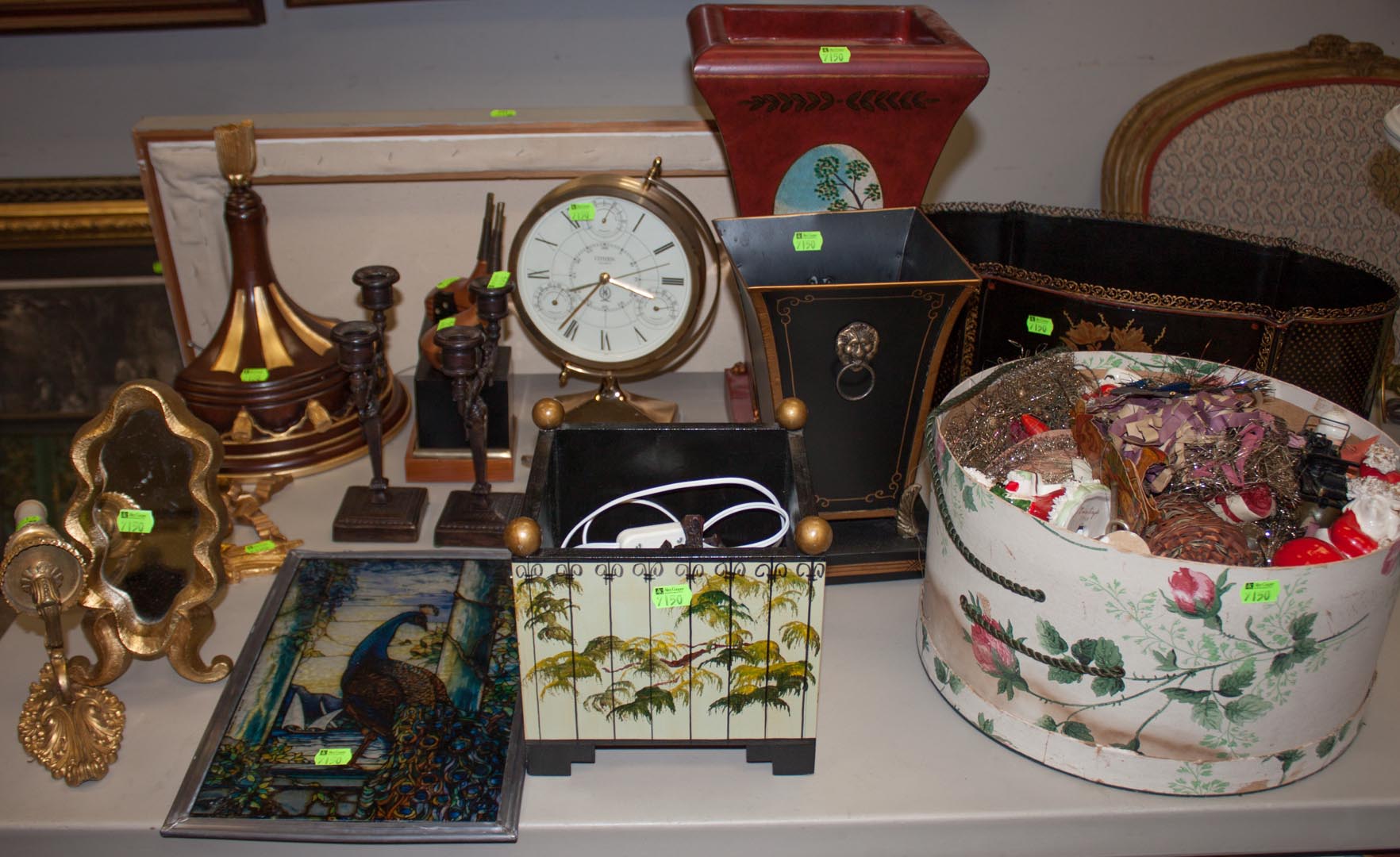 Appraisal: Assorted decorative items including wood and toleware boxes table clock