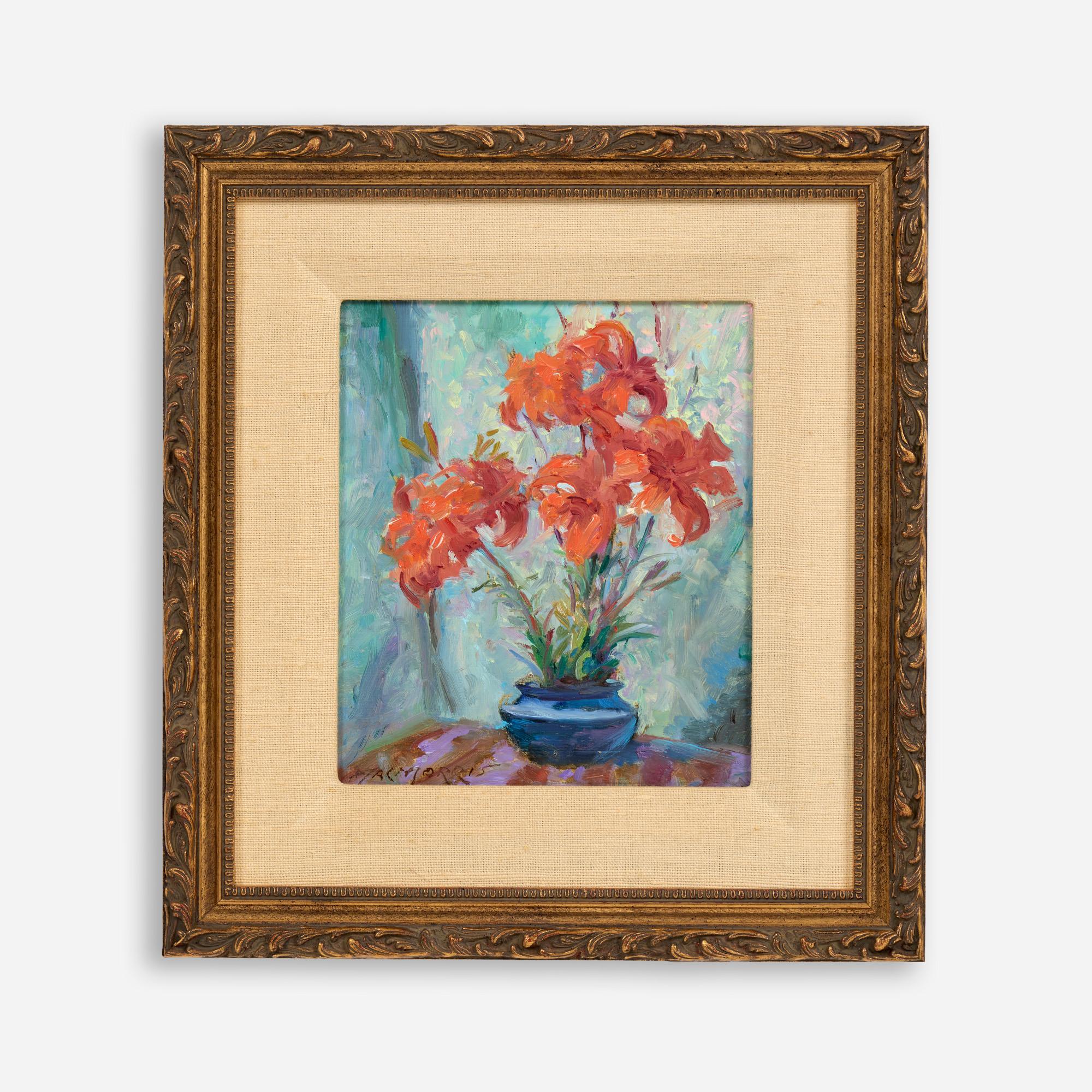 Appraisal: DANIEL MACMORRIS TIGER LILIES BLUE VASE OIL ON BOARD Daniel