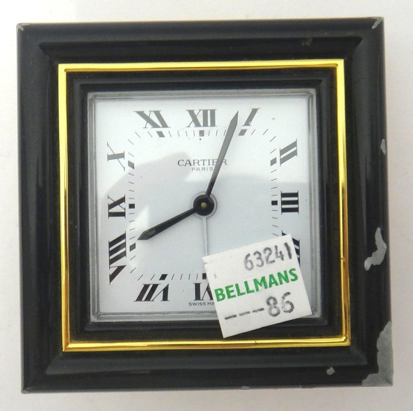 Appraisal: A gilt metal and black painted square Cartier alarm clock