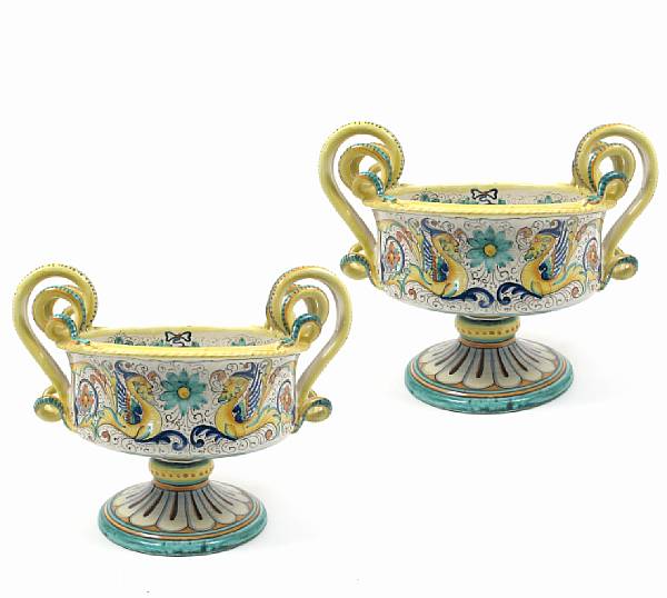 Appraisal: A group of two Italian maiolica style two handled pedestal