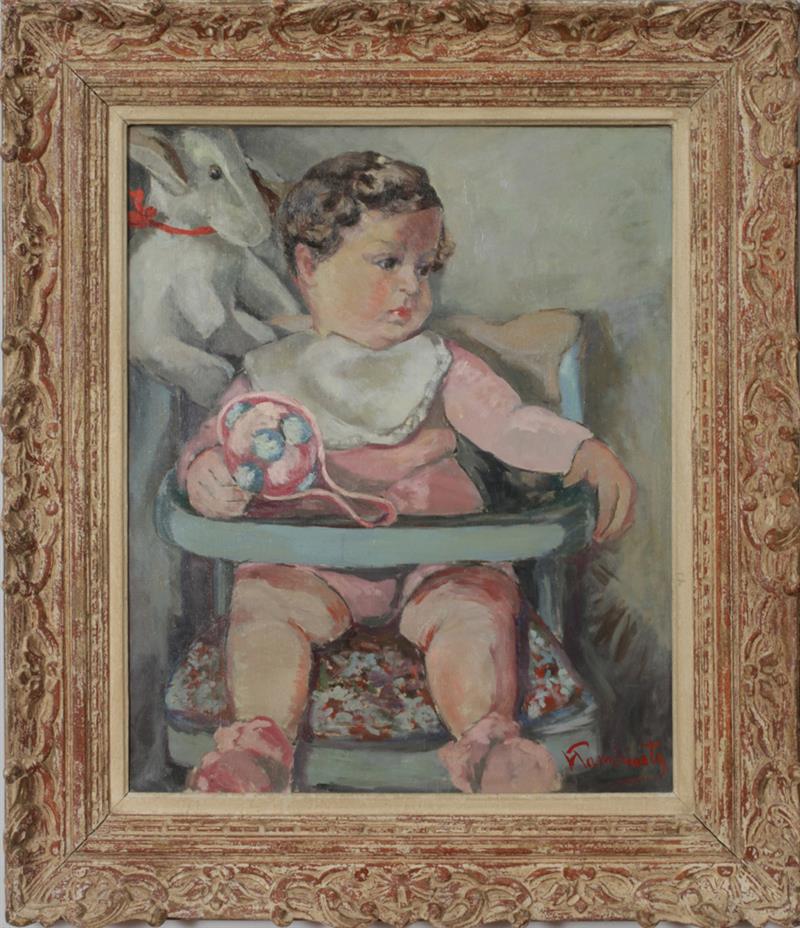 Appraisal: th Century School Baby in a Highchair Oil on canvas