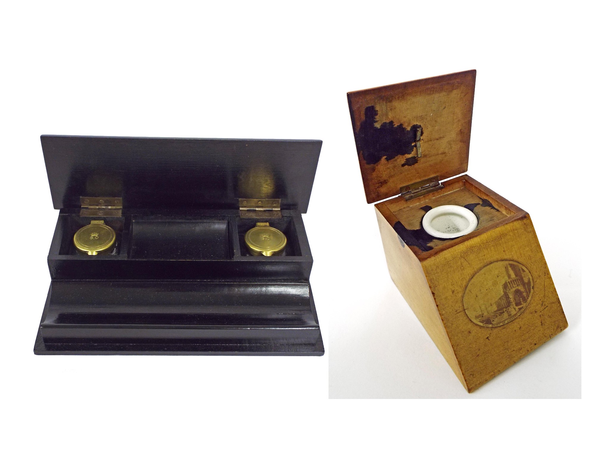 Appraisal: Ebonised ink stand the folding cover with an applied gilt