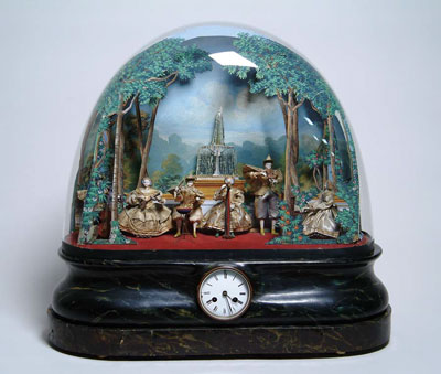 Appraisal: GLASS DOMED DIORAMA AUTOMATON WITH CLOCK ON EBONIZED BASE A