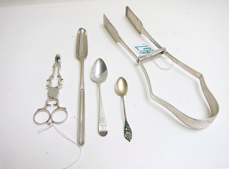 Appraisal: FIVE ASSORTED SILVER FLATWARE AND ACCESSORIES hallmarked British sterling tongs