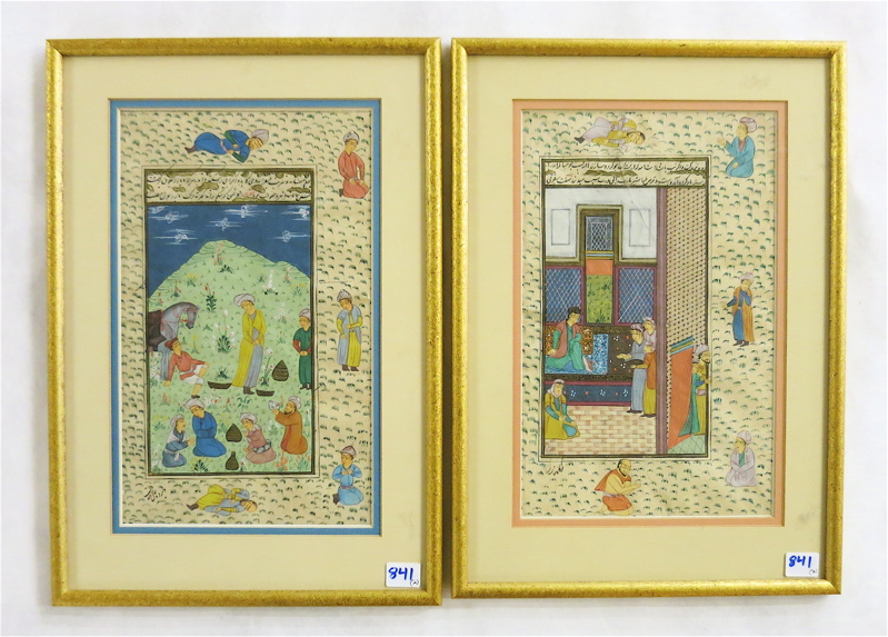 Appraisal: TWO PERSIAN ISLAMIC ILLUMINATED MANUSCRIPT LEAVES an interior and an