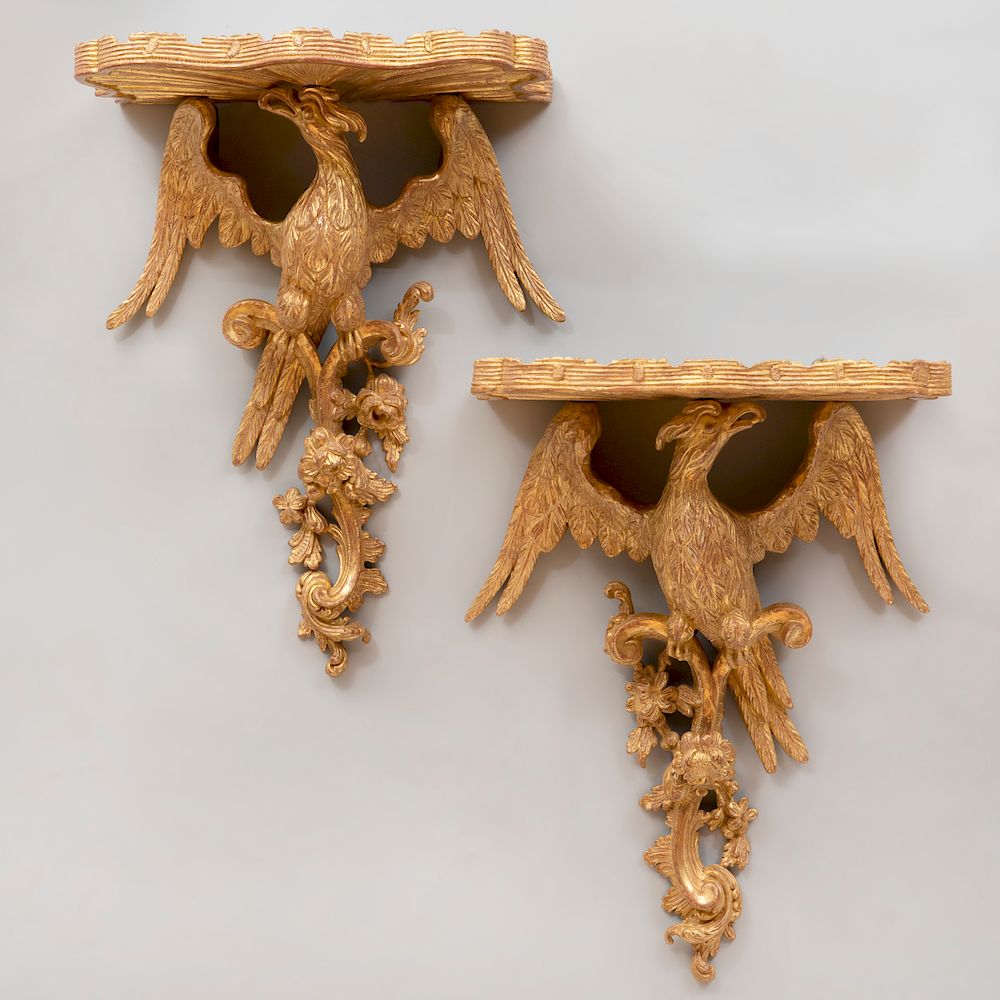 Appraisal: Pair of Continental Giltwood Wall Brackets with Bird Form Supports