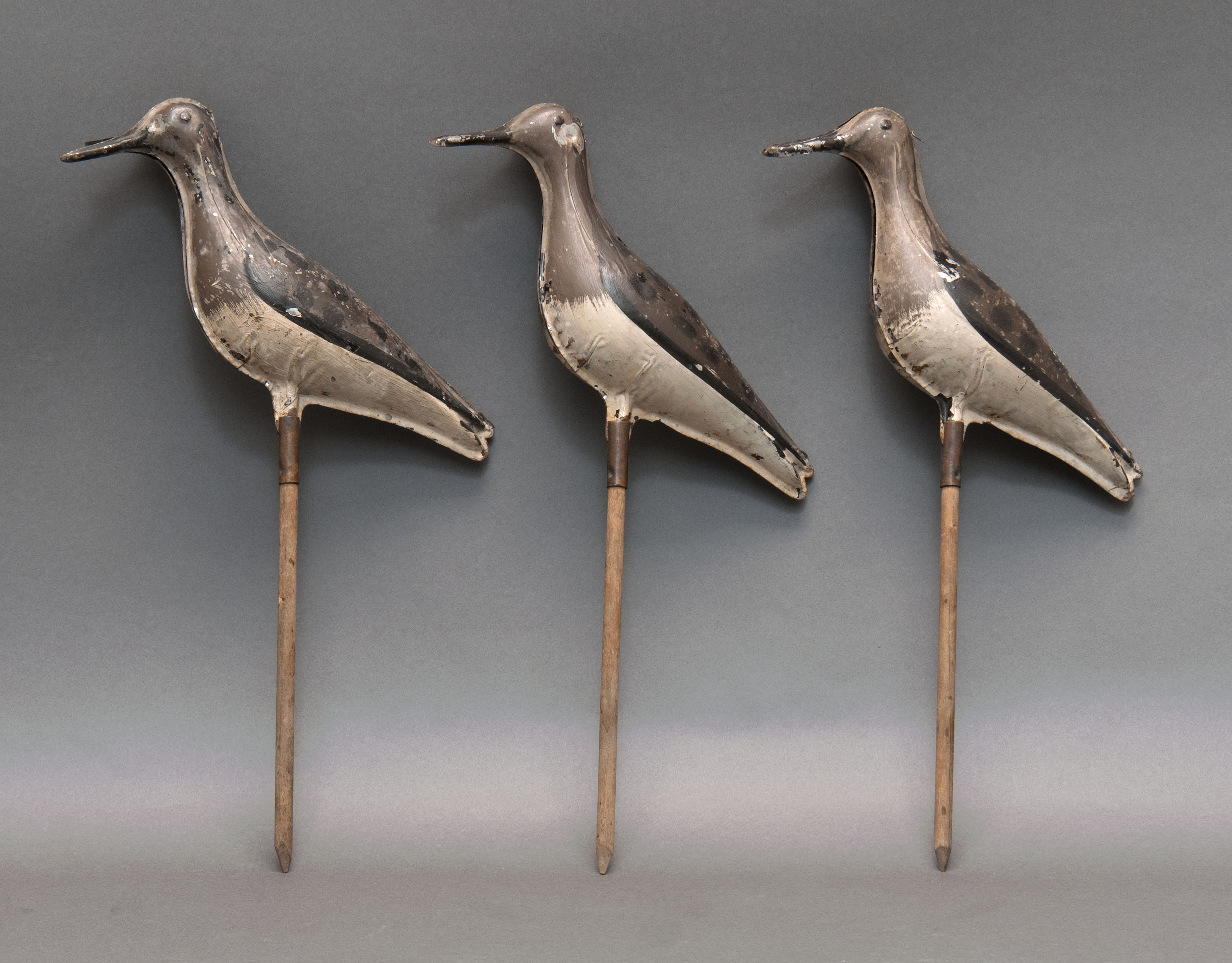 Appraisal: THREE FOLDING TIN YELLOWLEGS DECOYS th CenturyAll with patent dates