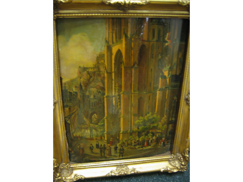 Appraisal: CONTINENTAL SCHOOL TH CENTURY Figures outside a cathedral oil on