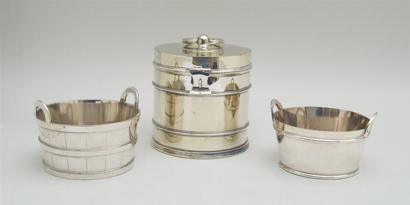 Appraisal: ENGLISH SILVER-PLATED BISCUIT BARREL AND TWO AMERICAN SILVER-PLATED ICE PAILS