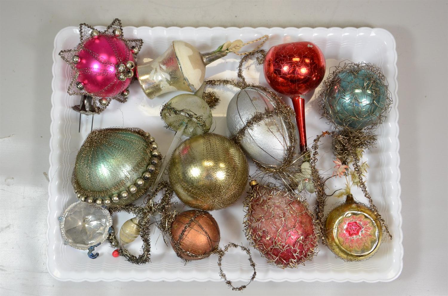 Appraisal: vintage Christmas ornaments mostly wire wrapped with one tin candleholder