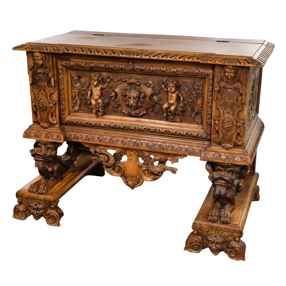 Appraisal: CHEST ON STANDOrnate wood chest having village scenes on sides