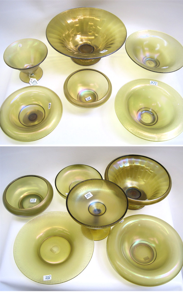 Appraisal: TWELVE PIECES OLIVE GREEN STRETCH GLASS bowls with rolled rims