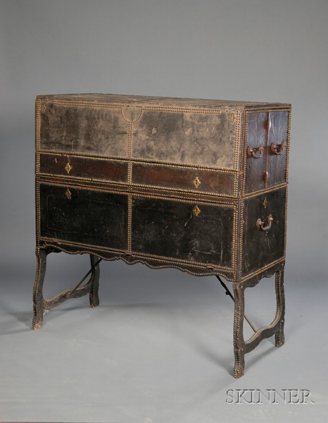 Appraisal: Leather-covered and Brass-tacked Vargueno possibly Asian export the rectangular case