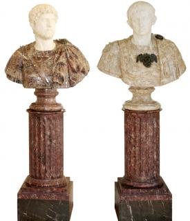 Appraisal: ITALIAN CARVED MARBLE BUSTS ON COLUMNS PAIR ITALIAN CARVED MARBLE