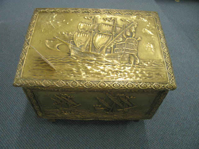 Appraisal: Brass Wood Fireplace Tender Box spanish galleon decor