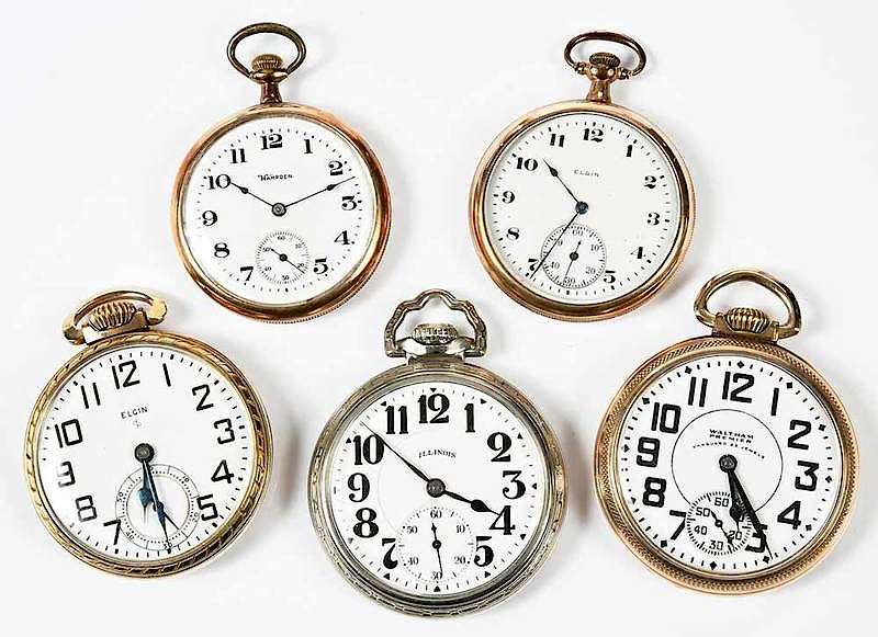 Appraisal: Five Gold Plated Pocket Watches to mm cases including Waltham