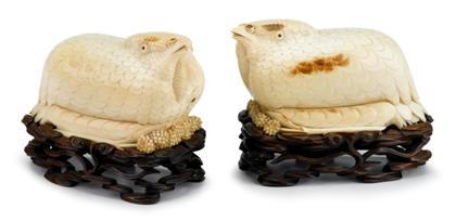 Appraisal: Fine pair of Chinese carved elephant ivory quail-form boxes th