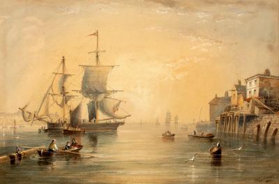 Appraisal: J W Carmichael British - Square Rigged Ships in Harbour