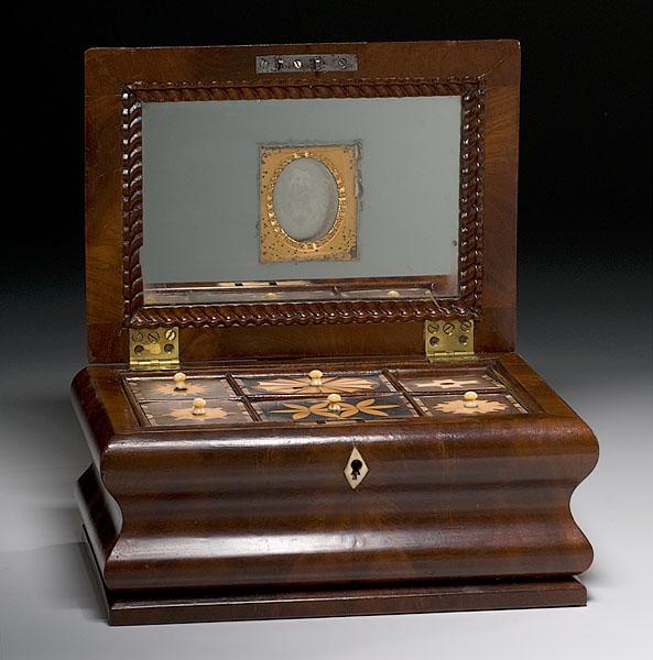 Appraisal: AMERICAN INLAID SEWING BOX WITH HIDDEN DRAWER AND INSET DAGUERREOTYPE