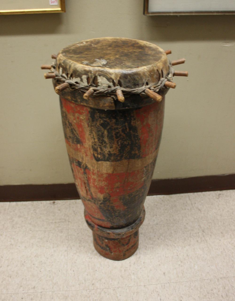 Appraisal: LARGE AFRICAN WOODEN DRUM likely Zimbabwe or Kenya leather head