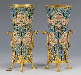 Appraisal: Pr Barbedienne Foundry Enamel Vases Pair French champleve enamel and