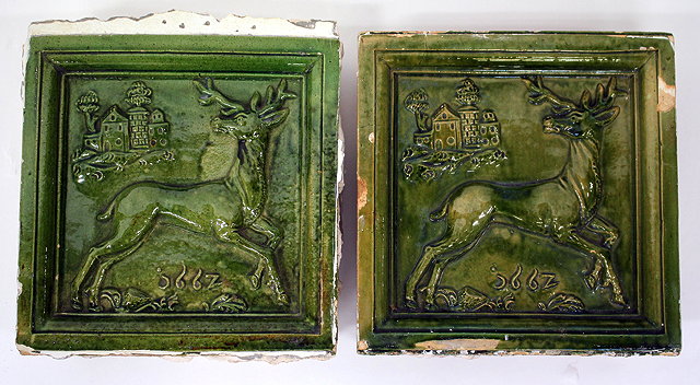 Appraisal: TWO TH CENTURY CONTINENTAL GREEN GLAZED POTTERY TILES each depicting