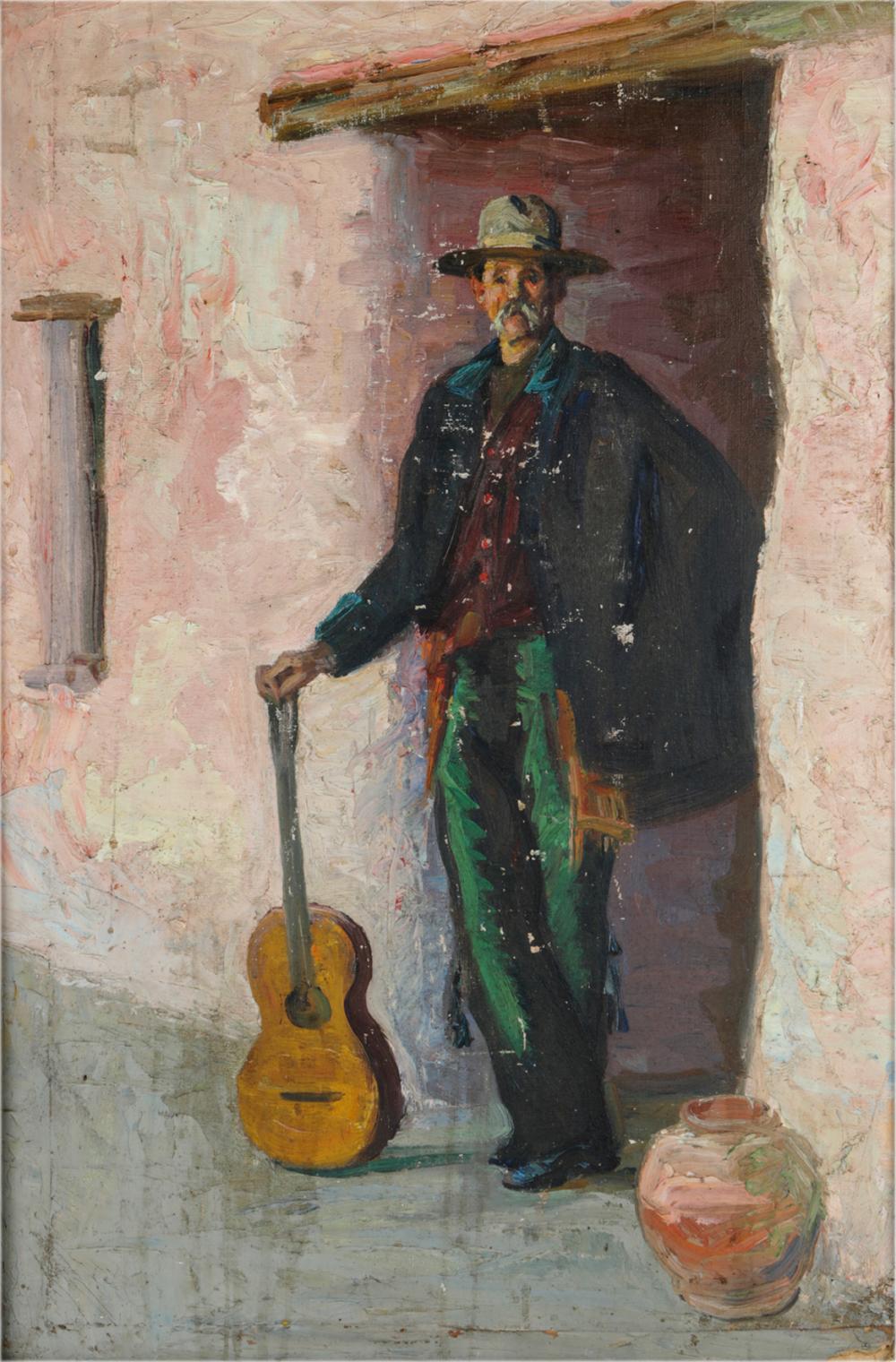 Appraisal: UNKNOWN ARTIST MAN WITH GUITARoil on canvas laid to panel