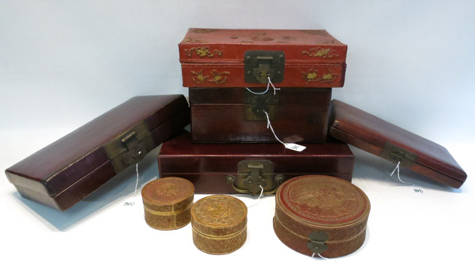 Appraisal: EIGHT DECORATIVE CHINESE BOXES five are leather and of rectangular