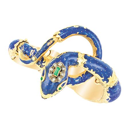 Appraisal: Antique Gold Enamel Diamond and Gem-Set Snake Bangle Bracelet Estimate