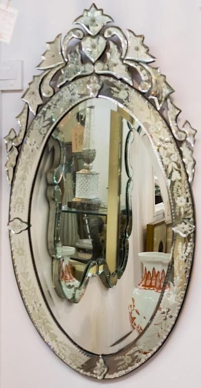 Appraisal: Venetian Mirror Oval w Etched Flowers Venetian glass an oval