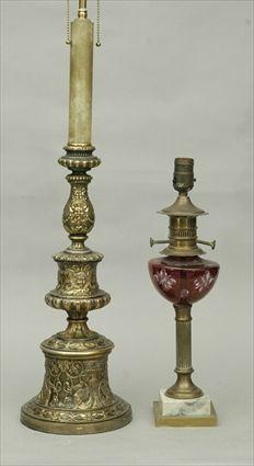 Appraisal: Large Candlestick Lamp together with a Red Glass Lamp